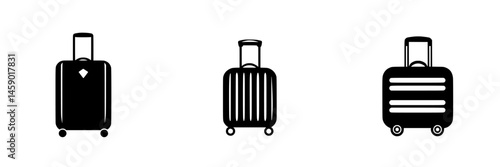 Black icons of different suitcase designs showcasing travel essentials in a minimalist style