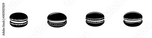 Stylized flat black icon collection of macarons arranged in a row showcasing different shapes and sizes for graphic design use