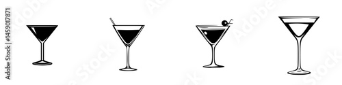 Icon set representing various types of cocktails in flat black design for graphic and digital use