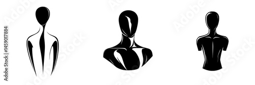 Stylized flat black icons representing different mannequin poses for fashion design and retail use