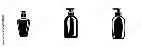 Collection of flat black icons representing various types of cosmetic and personal care product bottles set against a plain background