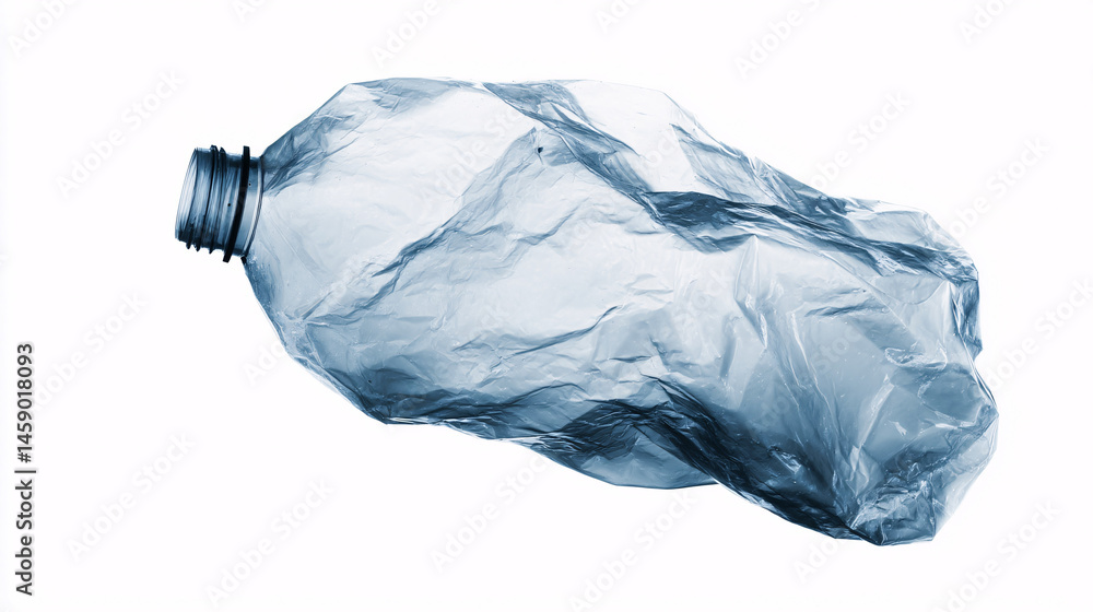 Discarded Plastic Water Bottle Crushed And Wrinkled On Plain White Surface Environmental Waste Concept Discarded Plastic Water Bottle Crushed And Wrinkled On Plain White Surface Environmental Waste Concept