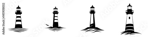 Flat black icons of lighthouses displaying various designs with multiple perspectives and styles