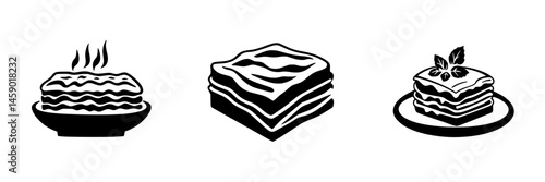 Flat black icons representing layers of delicious lasagna in various styles and presentations