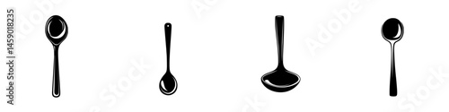 Various flat black icons of spoons including regular, dessert, and ladle designs depicting kitchen utensils for cooking purposes