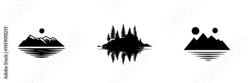 Flat black icons representing nature scenes with mountains, an island, and trees set against a minimalist style with reflections