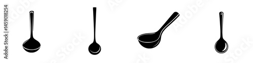 Collection of flat black spoon and ladle icons suitable for culinary design and graphic art projects