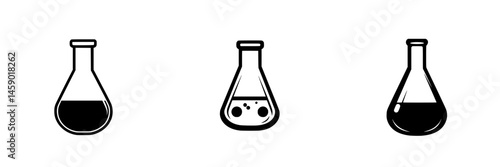 Collection of flat black icons representing laboratory flasks and beakers used in scientific experiments and research