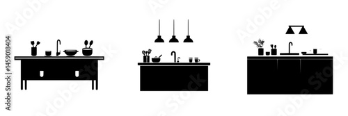 Modern flat black kitchen icons depicting versatile designs for various countertop and lighting styles