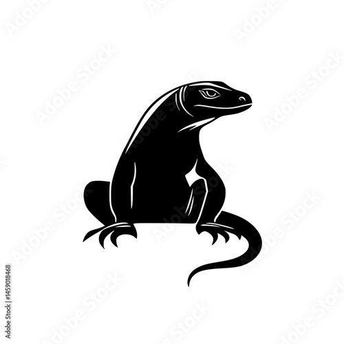 Flat black icon of a lizard sitting in a relaxed pose with a defined tail against a minimalistic background