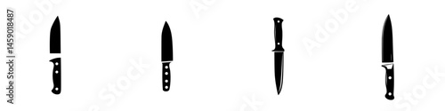 Four flat black icons representing different types of kitchen knives on a simple background showcasing their shapes and designs