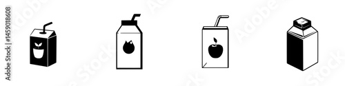 Flat black icon representing various juice cartons with straws for a minimalistic design concept