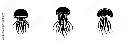 Flat black icon featuring three distinct jellyfish designs with varying tentacle styles and body shapes
