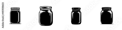 Various sizes of flat black jar icons arranged in a row for graphic design and illustration purposes