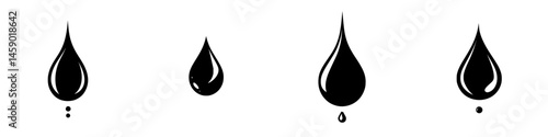 Collection of flat black droplet icons representing various sizes and forms for design applications and digital interfaces