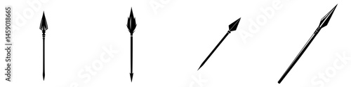 Black flat icon of four different spear designs showcasing unique tips and shaft styles for various applications and purposes