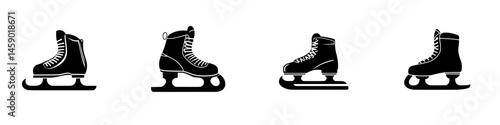 Flat black ice skates icon collection depicting various angles and styles for winter sports design and promotion