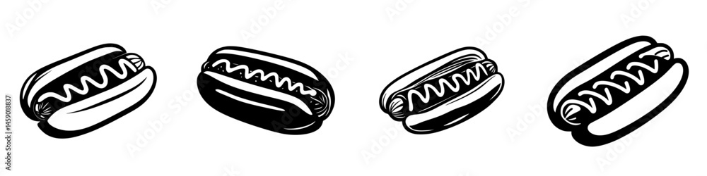 Flat black icon series showcasing various styles of hot dogs with toppings and details for graphic use Flat black icon series showcasing various styles of hot dogs with toppings and details for graphic use