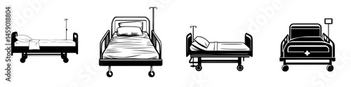 Four variations of flat black hospital bed icons depicting different styles and configurations for medical use