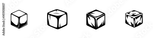 Flat black icons depicting various styles of ice cubes in simple design for graphic use