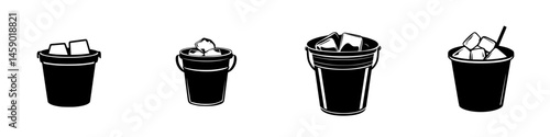 Various flat black icons of buckets filled with ice cubes suitable for beverage service