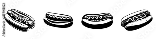 Four distinct flat black icons representing various styles of hot dogs with different toppings and arrangements