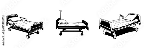 Illustration of three flat black hospital beds displayed in varying positions on a white background