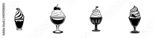 Varied black icons representing different styles of ice cream desserts in flat design