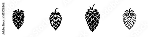 Flat black hop cone icons representing various styles and designs of hops commonly used in brewing beer