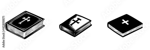 Collection of flat black icon illustrations representing religious scripture books with different designs and crosses