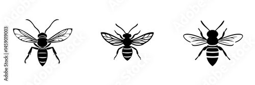 Black icons depicting various bee designs in a flat style for use in nature-themed projects or educational materials