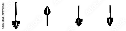 Collection of flat black gardening tools icons depicting various shapes and sizes for landscaping and planting