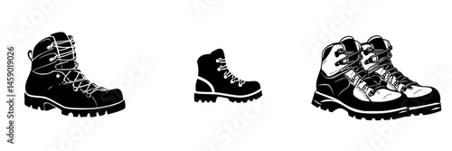 Different styles of hiking boots in flat black icon design for outdoor enthusiasts and gear selection