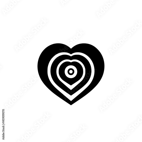 Stylized flat black icon of a multilayered heart design with concentric shapes illustrating love and affection