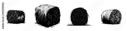 Black icons of hay bales in various shapes displayed in a flat design for agricultural themes and rustic contexts