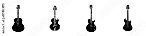Collection of flat black guitar icons representing various styles and designs for musicians and music enthusiasts