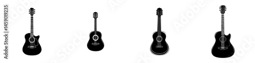 Flat black icon set featuring various guitar designs, showcasing styles and shapes in a minimalist approach