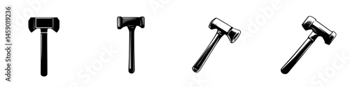 Flat black icon of a hammer illustration showcasing various perspectives of a tool for construction and crafting tasks