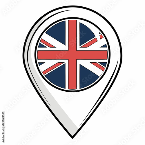 Vector map pin icon featuring the British flag (Union Jack) for tourism, travel, or navigation themes, isolated on a white background. 