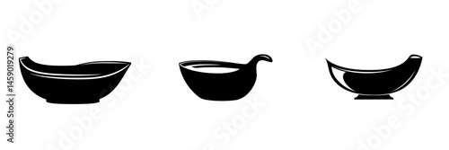 Flat black icon collection displaying various bowl designs in sleek and modern styles
