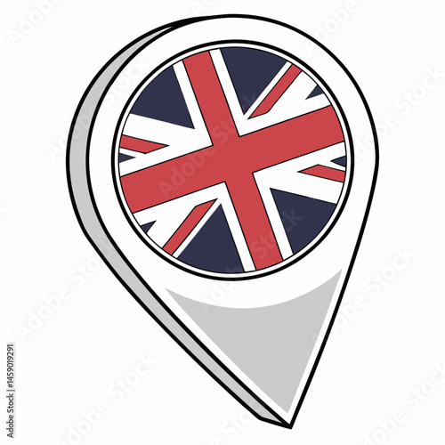 Free Download Vector map pin icon featuring the British flag (Union Jack) for tourism, travel, or navigation themes, isolated on a white background.  - GFXLoad