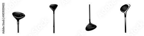 Flat black golf club icons showcasing various angles and perspectives for digital use in sports graphics and designs