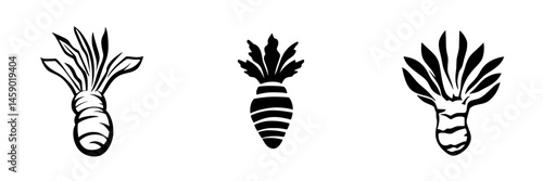 Stylized flat black icons of various carrot designs showcasing simplicity and elegance in vegetarian representation