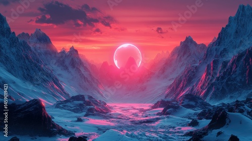 Celestial Embrace: A breathtaking landscape showcasing the enchanting dance of nature, featuring a majestic mountain range, bathed in the celestial glow of a vibrant sunset and a mystical light.