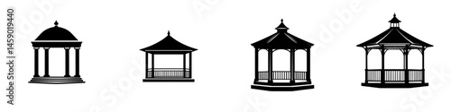 Different styles of flat black gazebos showcasing classic architectural designs in various shapes and structures for outdoor settings