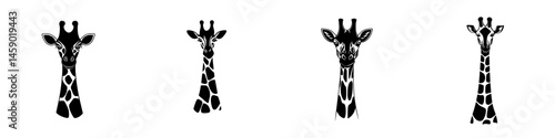 Four flat black giraffe icons featuring different designs and styles suitable for various graphic design projects