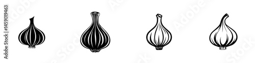 Collection of flat black garlic bulb icons showcasing different shapes and styles, ideal for culinary designs or illustrations