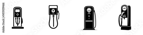 Flat black icons of various fuel pumps showing different designs and styles for fuel dispensing equipment