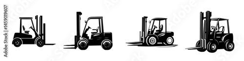 Flat black icon set depicting various forklift designs in different orientations