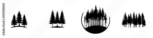 Various flat black tree icons depicting different forest arrangements and styles suitable for design and illustration purposes